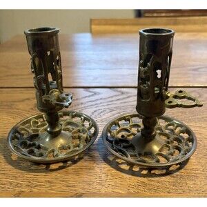 Vintage Mid Century Brass Adjustable Taper Turn Key Candlestick Matching 4¼"